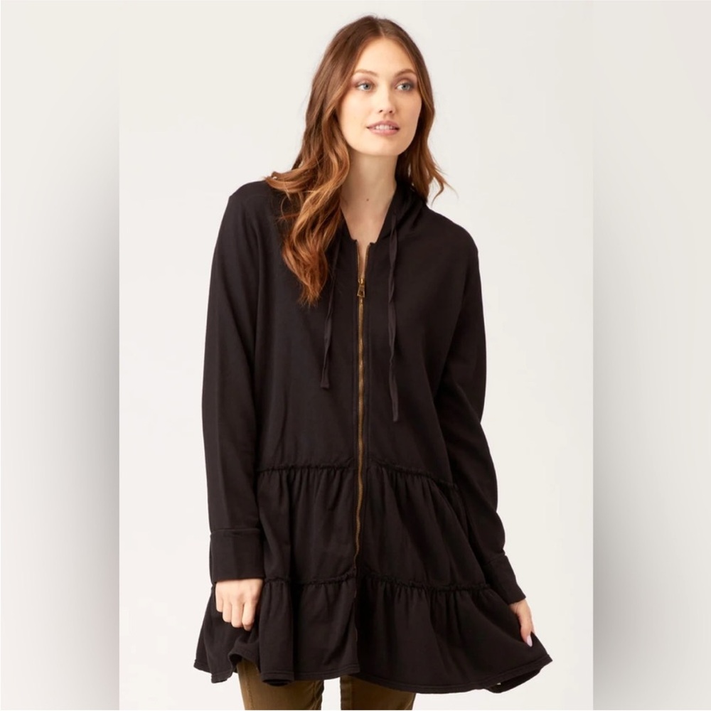 XCVI Brionna zip hoodie with Tiered Ruffles ore pigment